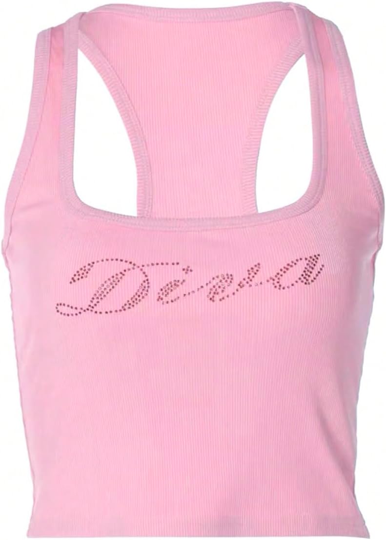 WDIRARA Women's Letter Rhinestone Crop Tank Top Y2k Rib Knit Tops | Racerback Square Neck Sleeveless