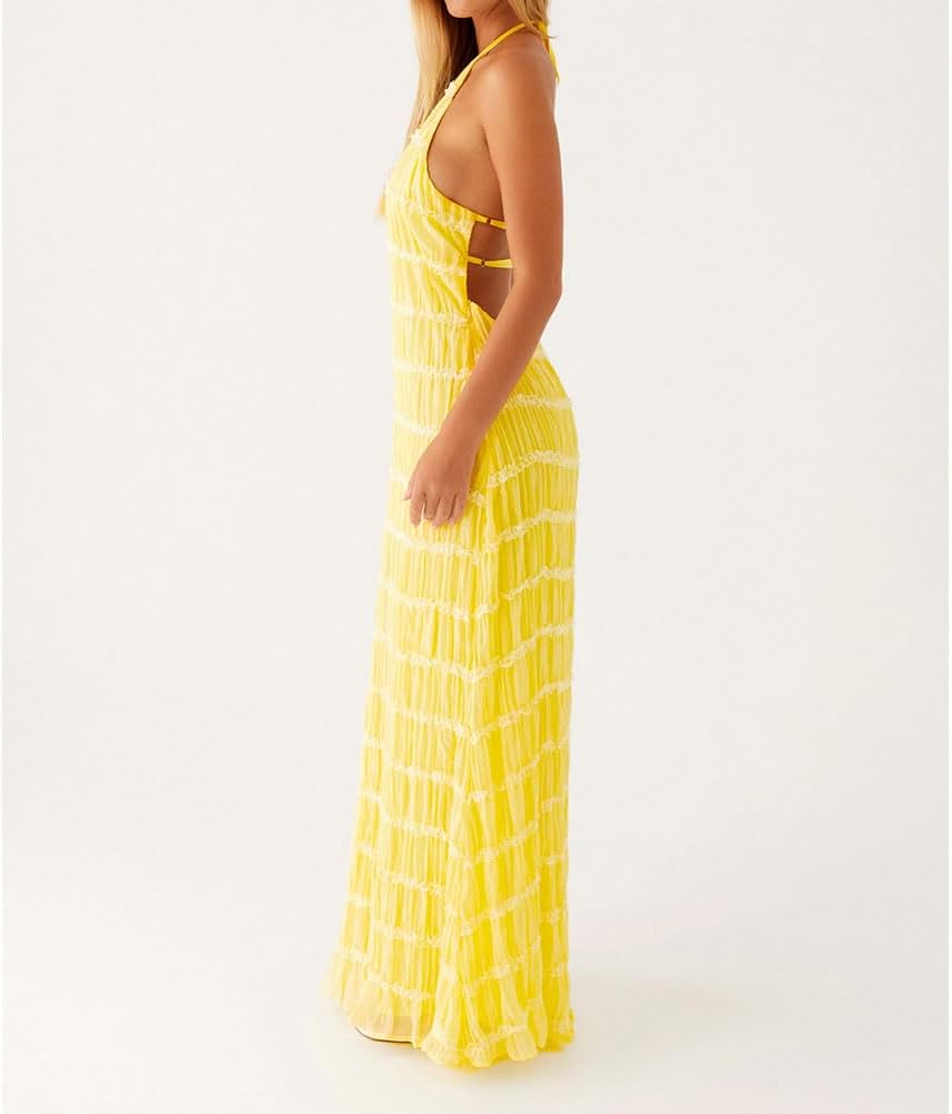 ABYOVRT Women Backless Dress Sleeveless Textured Halter Open Back Maxi Dresses Vacation Wedding Guest