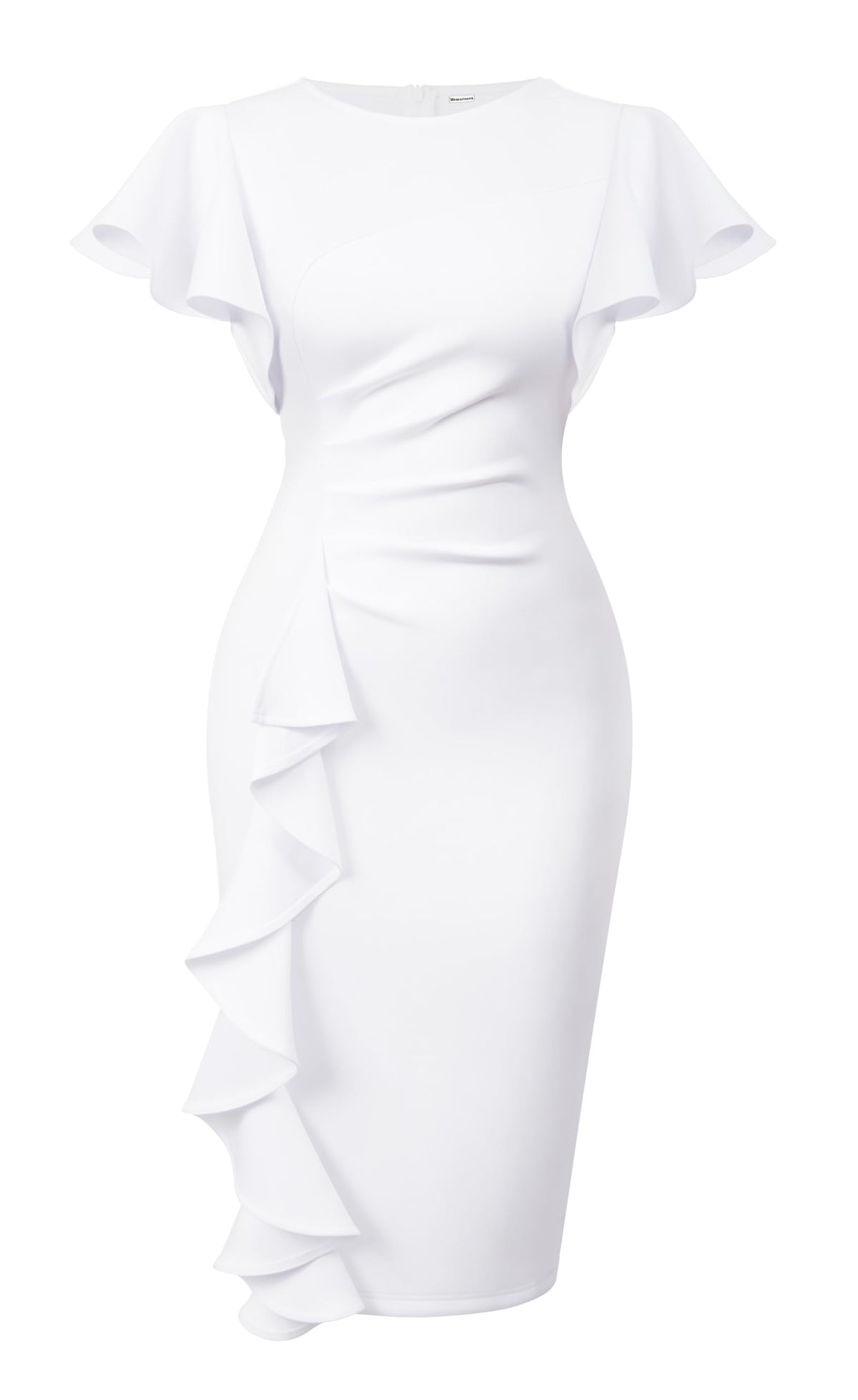 Memoriesea Women's Church Ruffle Sleeve Ruched Work Midi Dress | Back Zipper,Ruched Waist,Knee Length,Classic Sheath Outfits for Office Business Graduation Teacher Formal Cocktail Travel