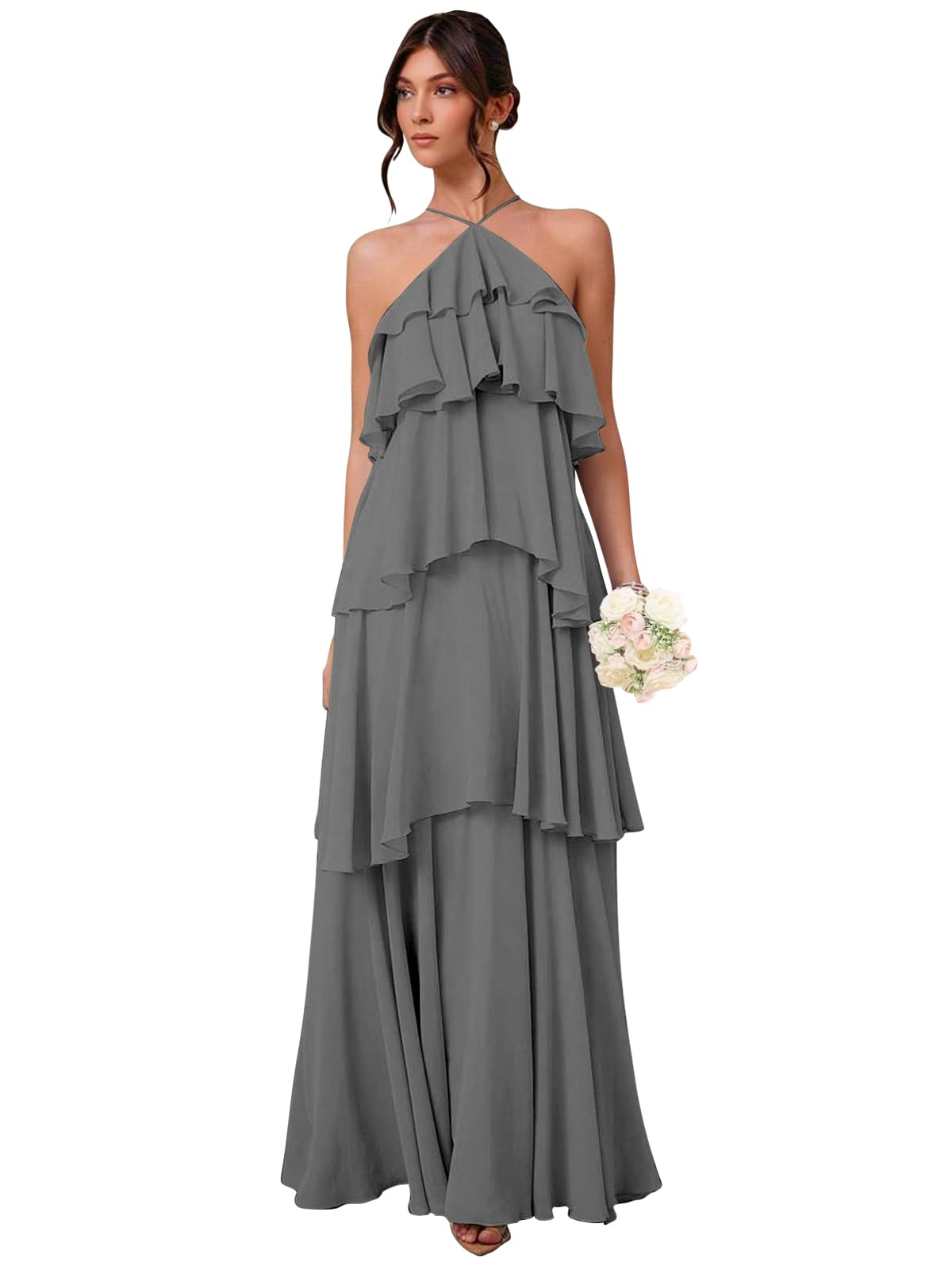 Chiffon Halter Bridesmaid Dresses for Women A Line Tiered Ruffle Long Formal Evening Gown