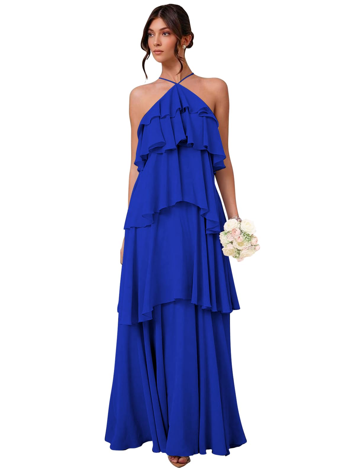 Chiffon Halter Bridesmaid Dresses for Women A Line Tiered Ruffle Long Formal Evening Gown