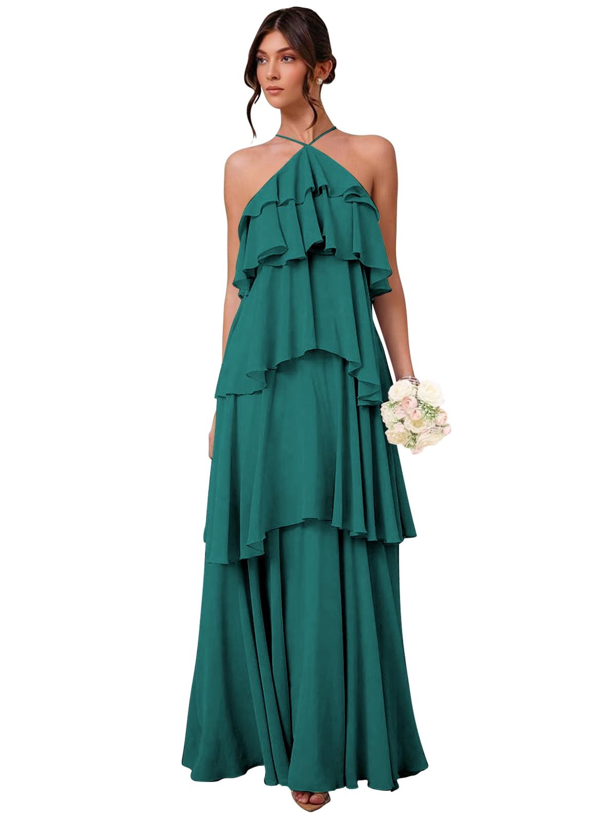 Chiffon Halter Bridesmaid Dresses for Women A Line Tiered Ruffle Long Formal Evening Gown