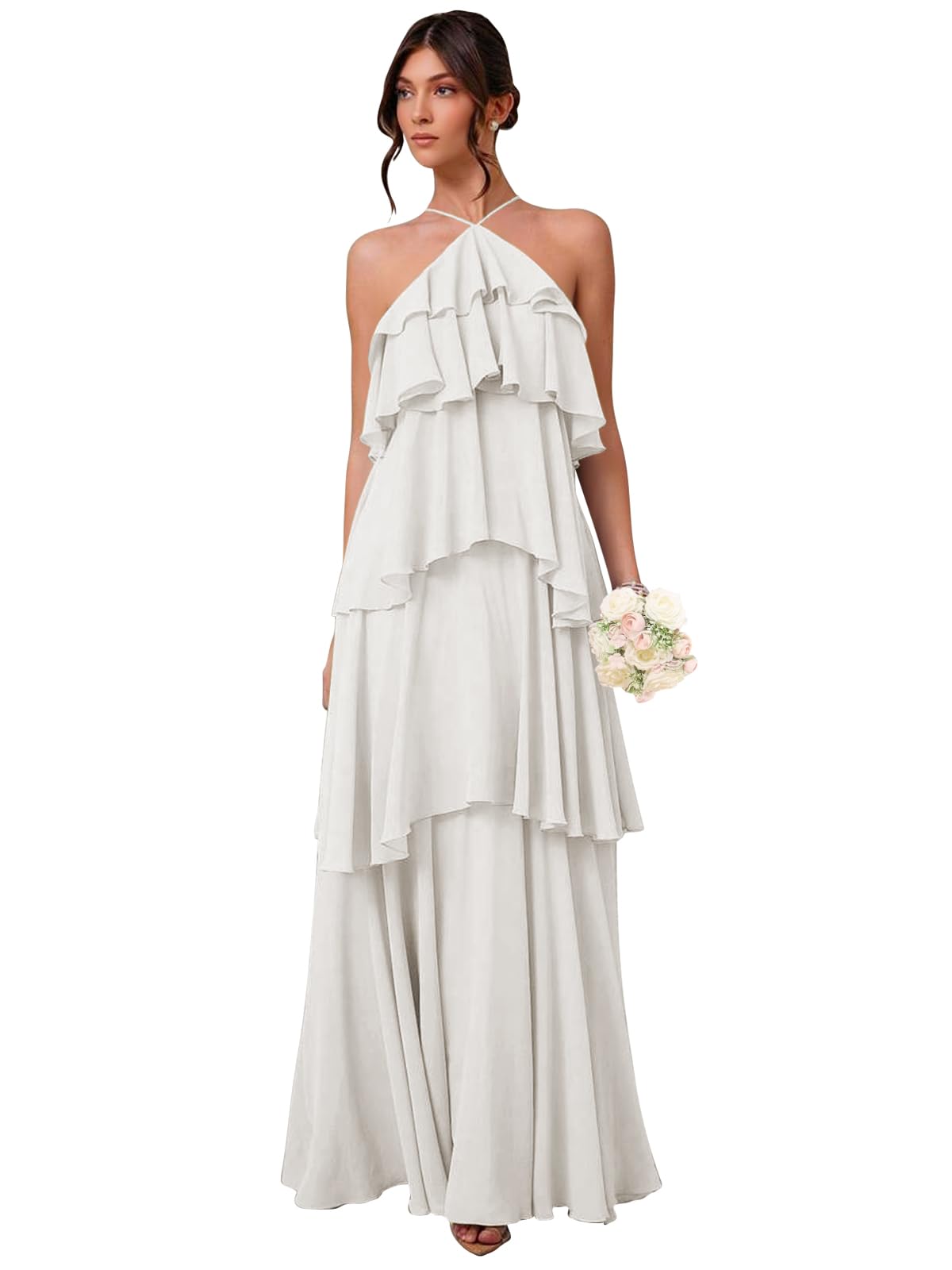 Chiffon Halter Bridesmaid Dresses for Women A Line Tiered Ruffle Long Formal Evening Gown