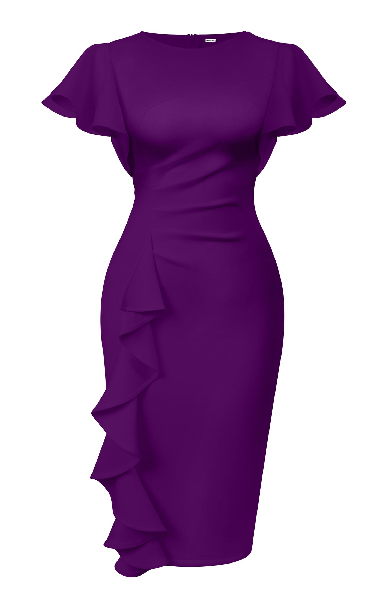 Memoriesea Women's Church Ruffle Sleeve Ruched Work Midi Dress | Back Zipper,Ruched Waist,Knee Length,Classic Sheath Outfits for Office Business Graduation Teacher Formal Cocktail Travel