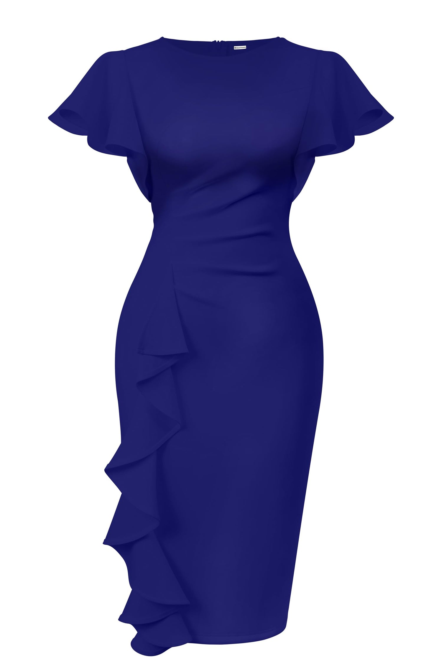 Memoriesea Women's Church Ruffle Sleeve Ruched Work Midi Dress | Back Zipper,Ruched Waist,Knee Length,Classic Sheath Outfits for Office Business Graduation Teacher Formal Cocktail Travel