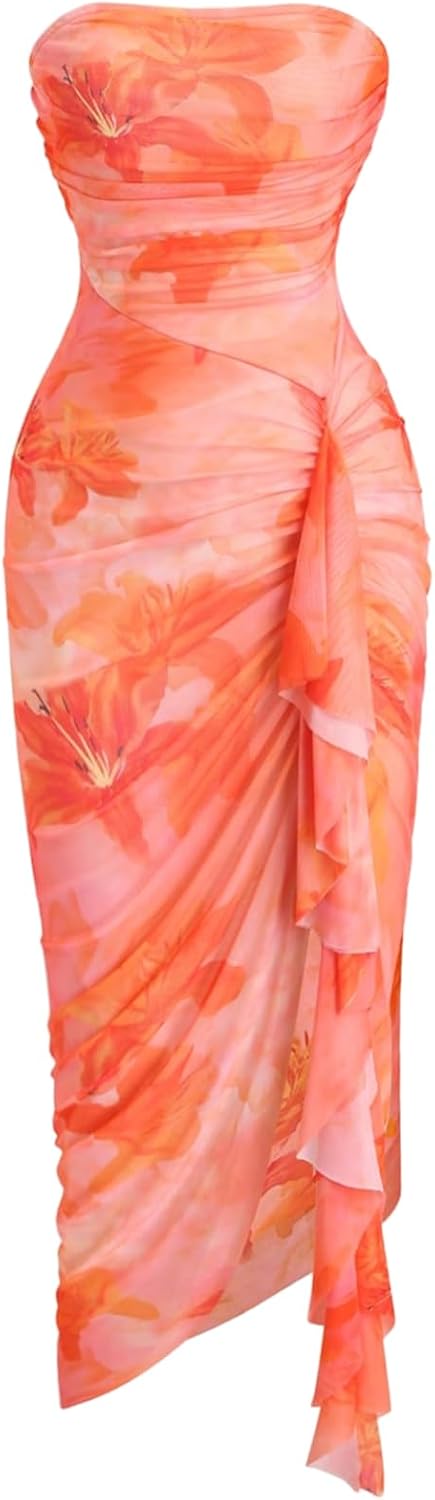 GORGLITTER Women's Sunset Floral Strapless Wedding Guest Cocktail Sun Dress | Sundresses, Bridesmaid Dress, Tube Midi Dress, Womens Dresses for Wedding, Summer Vacation Outfits