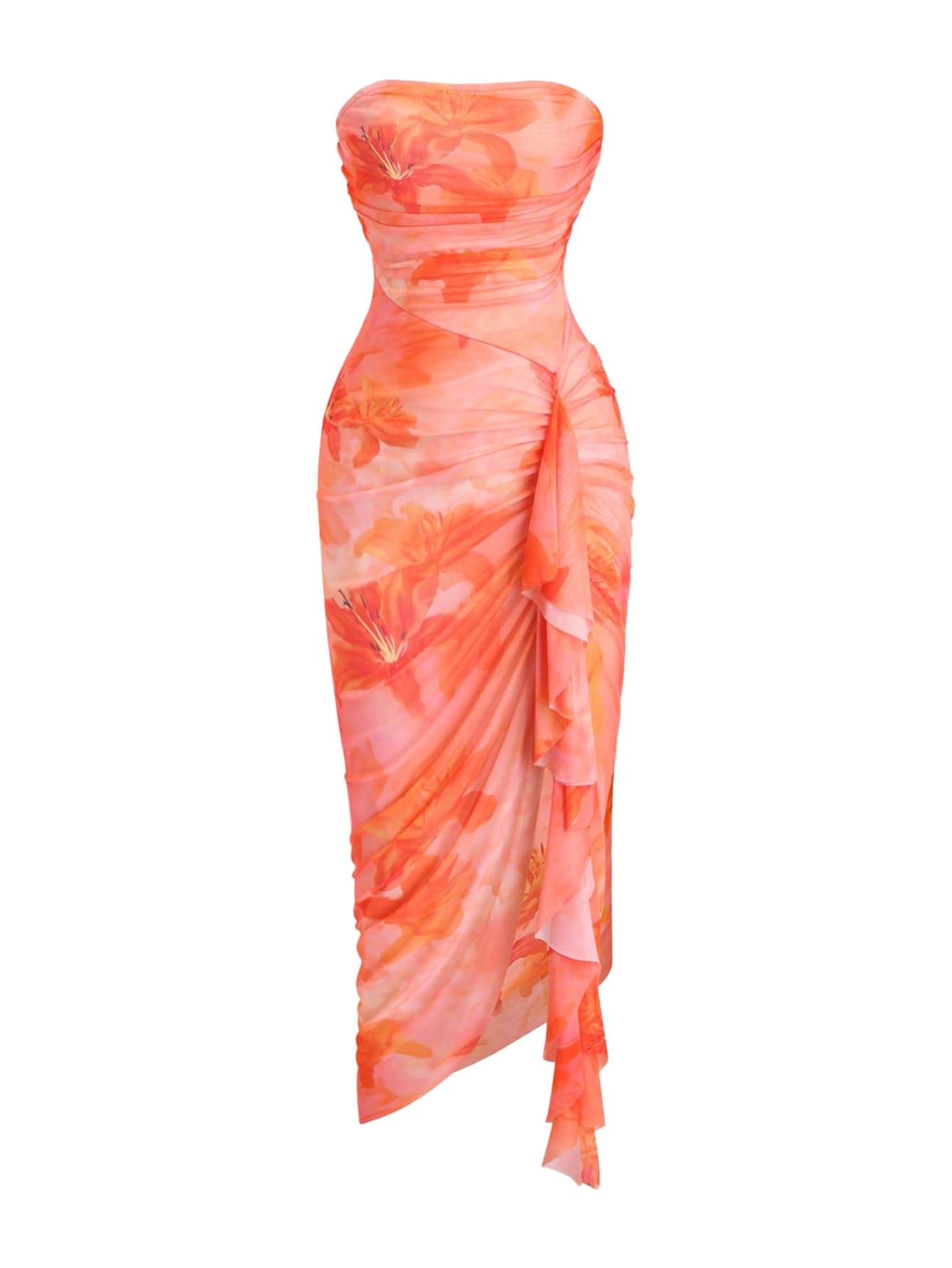 GORGLITTER Women's Sunset Floral Strapless Wedding Guest Cocktail Sun Dress | Sundresses, Bridesmaid Dress, Tube Midi Dress, Womens Dresses for Wedding, Summer Vacation Outfits