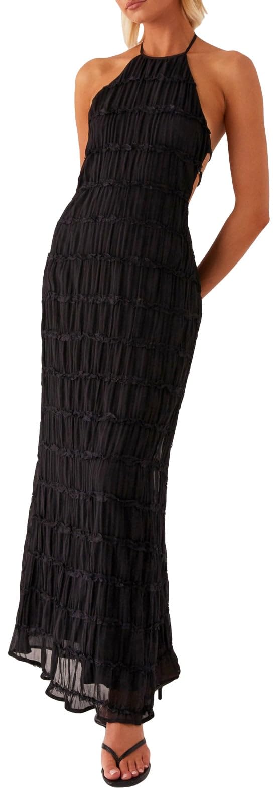 Women Halter Flowy Vacation Long Dress Sexy Sheer Ruched Backless Dress Y2k Sleeveless Beach Tiered Maxi Sundresses