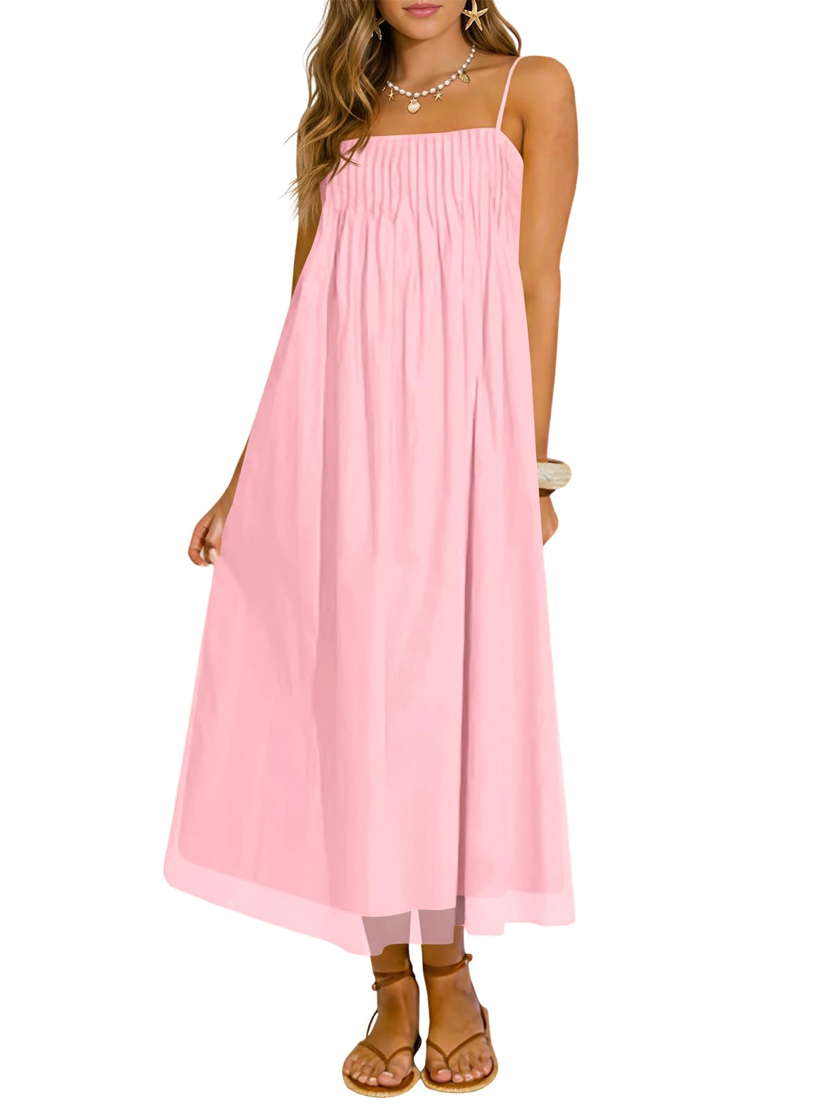 Wenrine Women's Summer Boho Maxi Dresses Spaghetti Straps Chiffon Sundress | Beach Vacation, Flowy, Linen, Casual, Loose, Pleated, Sleeveless, Midi Long Dress with Pockets