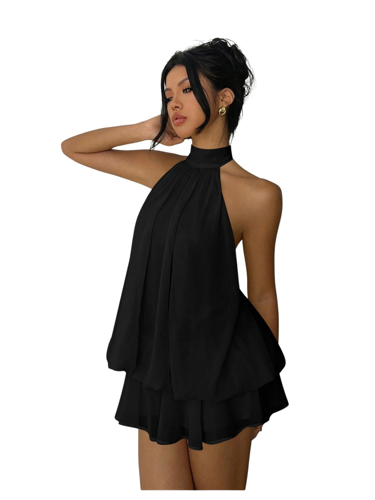 Verdusa Women's Chiffon Halter Drop Waist Flowy Wedding Guest Mini Dresses | Sleeveless, Ruffle Hem, Loose Fit, Brunch Outfits, Birthday, Going Out, Cocktail, Y2k