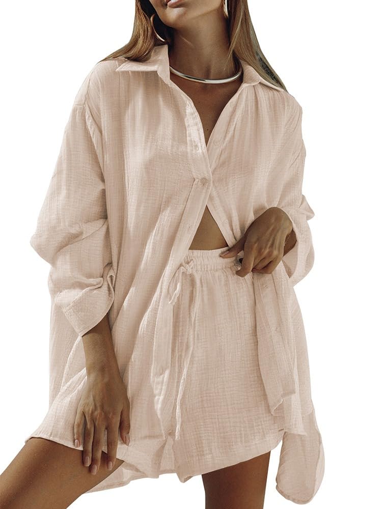 Fixmatti Women 2 Piece Outfits Long Sleeve Button Down Blouse and Shorts Sweatsuit Sets