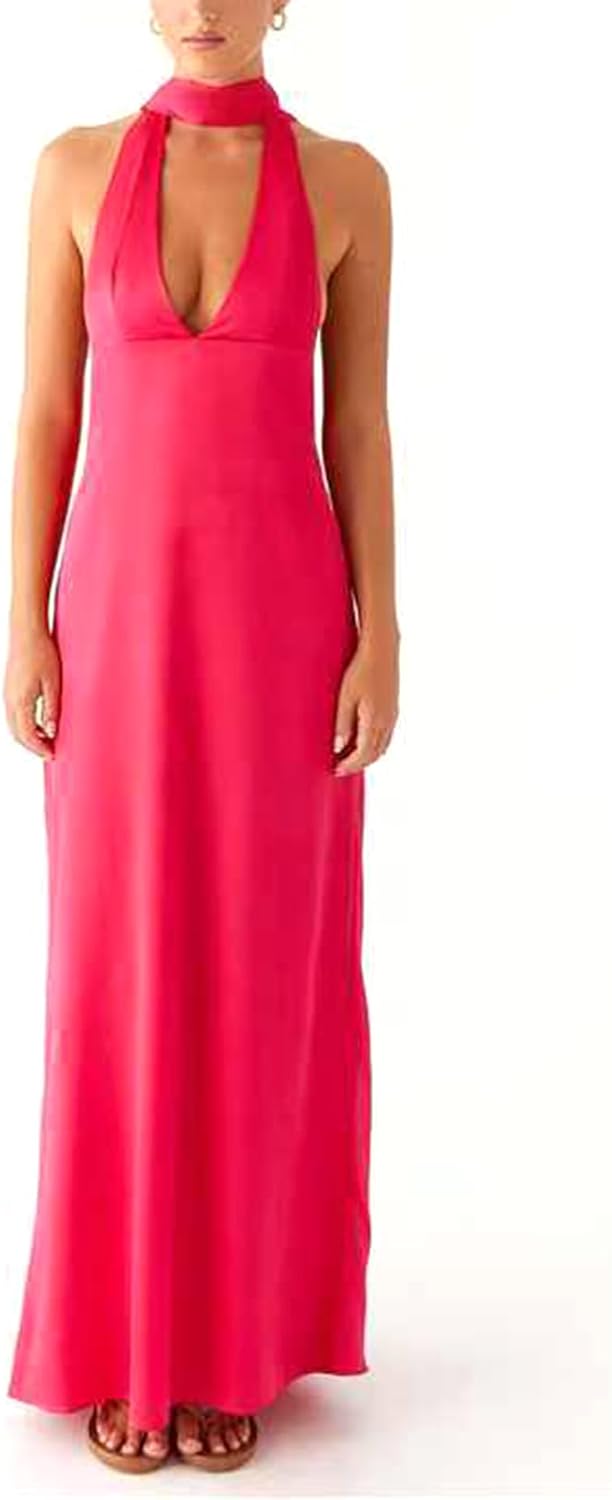 Floral Maxi Dress, Halter Dresses for Women, Deep V Neck Backless Bodycon Long Dresses