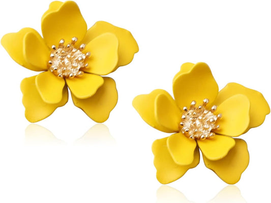Boho Flower Stud Earrings with White Pearl - Daisy Dangle Drop Earrings with Gold Flower Bud