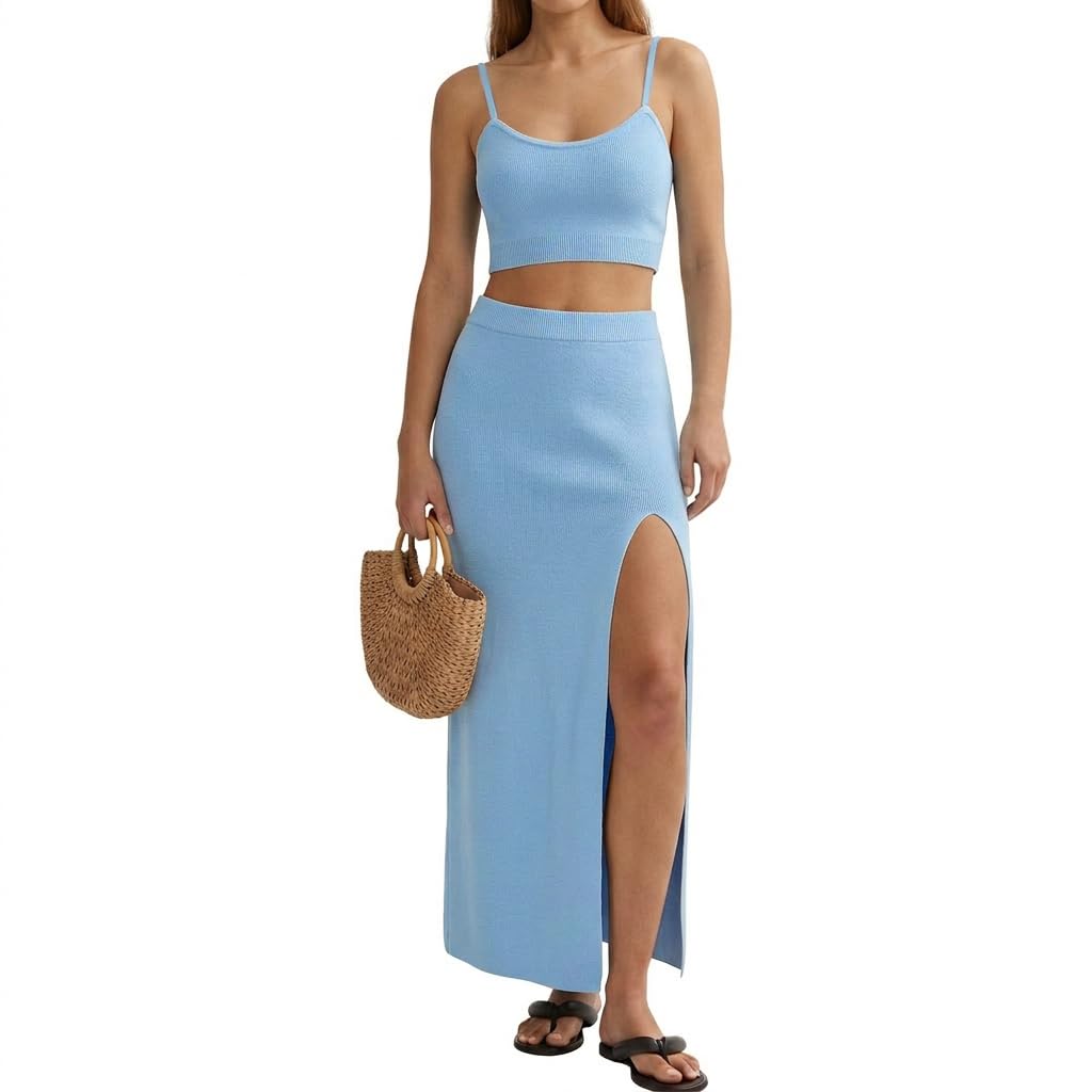 Skirt Sets Women 2 Piece Outfits Dressy Summer Knit Cami Top High Slit Skirt Set for Vacation Brunch and Going Out