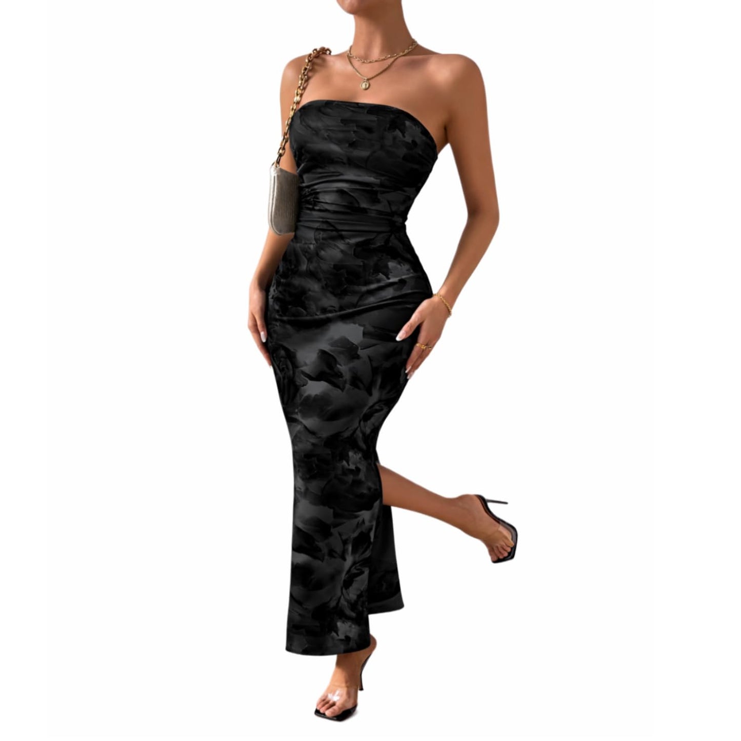 LIGHT DOT Women's Summer Dress Printed Strapless Tube Bodycon Maxi Side Slit Mesh Layered