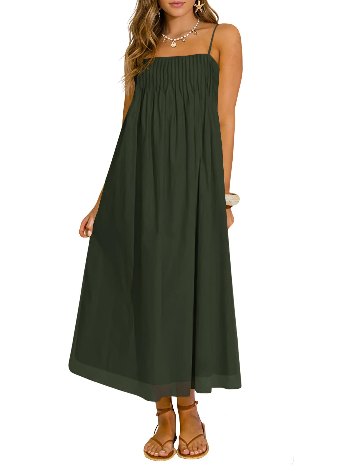 Wenrine Women's Summer Boho Maxi Dresses Spaghetti Straps Chiffon Sundress | Beach Vacation, Flowy, Linen, Casual, Loose, Pleated, Sleeveless, Midi Long Dress with Pockets