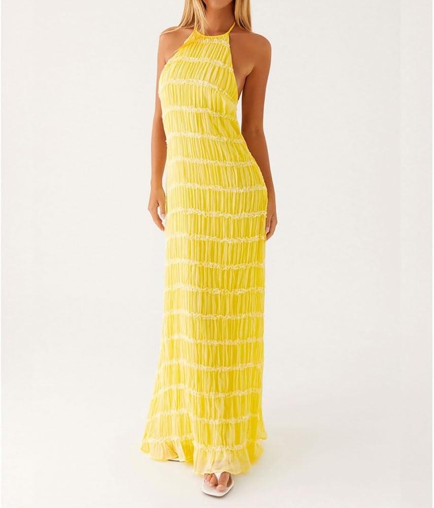 ABYOVRT Women Backless Dress Sleeveless Textured Halter Open Back Maxi Dresses Vacation Wedding Guest