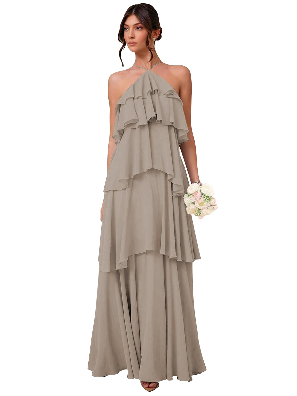 Chiffon Halter Bridesmaid Dresses for Women A Line Tiered Ruffle Long Formal Evening Gown
