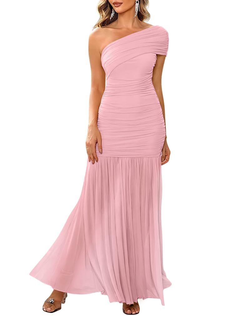 LAGSHIAN Womens Formal One Shoulder Sleeveless Evening Long Dress | Elegant Bodycon Mesh Ruched Cocktail Party Maxi Dress, Classy Slim Fit Wedding Dresses,Stretch,Flowing Sheer Hem