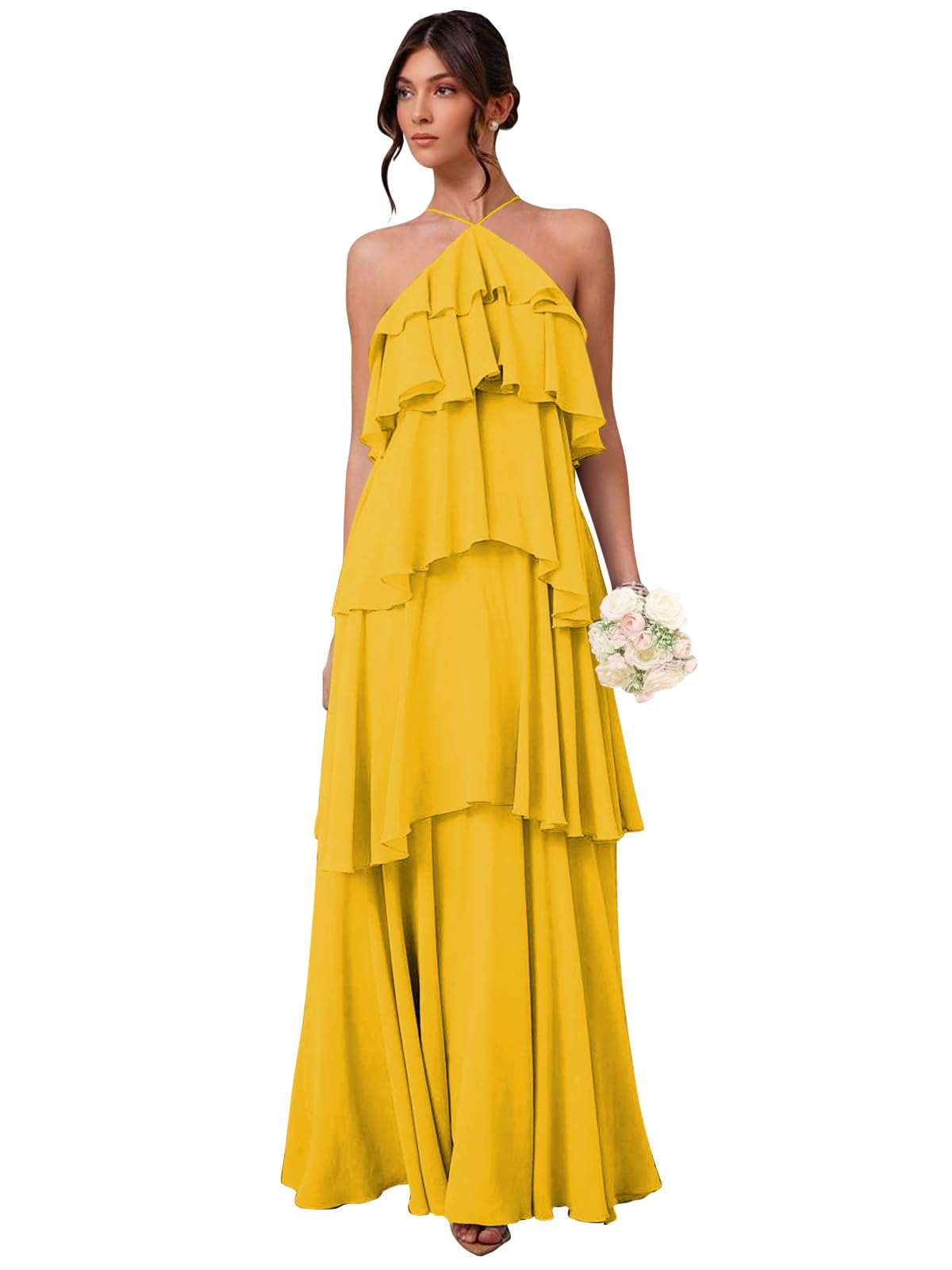 Chiffon Halter Bridesmaid Dresses for Women A Line Tiered Ruffle Long Formal Evening Gown