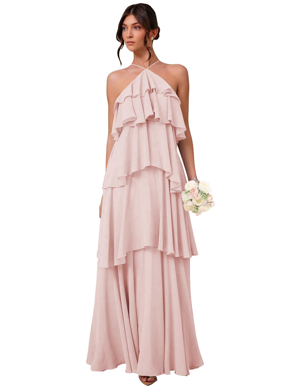 Chiffon Halter Bridesmaid Dresses for Women A Line Tiered Ruffle Long Formal Evening Gown