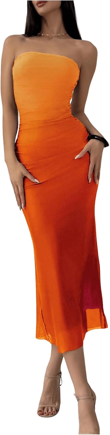 GORGLITTER Women's Sunset Ombre Strapless Cocktail Bridal Shower Midi Dress | Orange Wedding Guest Dress, Mesh Tube Dresses, Bridesmaid Sundresses, Vacation Beach Outfits