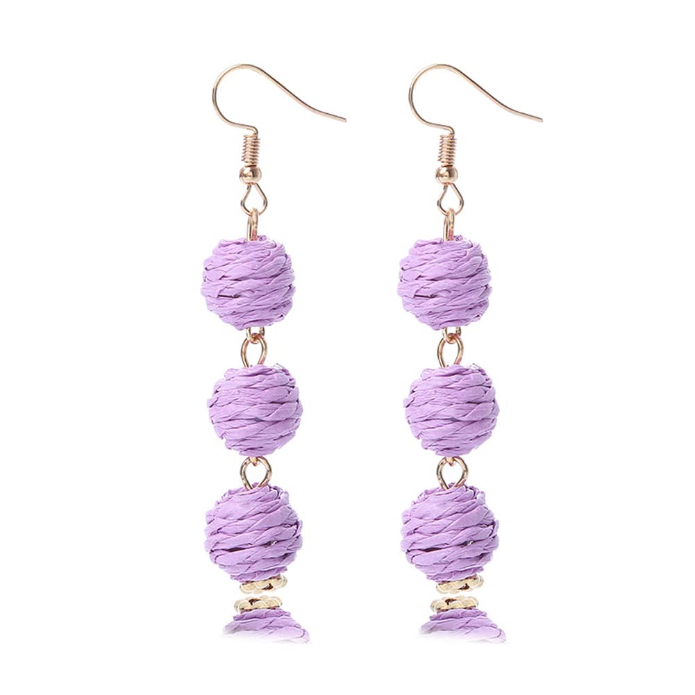 Lightweight Boho Thread Raffia Earrings for Women Handmade Braided Straw Wicker Lantern Ball Earrings Summer Beach Bohemian Geometric Earrings Holiday