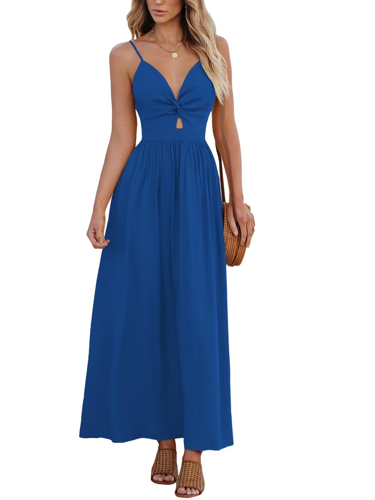 CUPSHE Women's V Neck Twisted Pleated Cutout Backless Formal Maxi Dress | Sleeveless, Self Tie Back, Adjustable Spaghetti Straps, Open Back, Casual Flowy Long Skirt, Summer Beach Resort Sundress