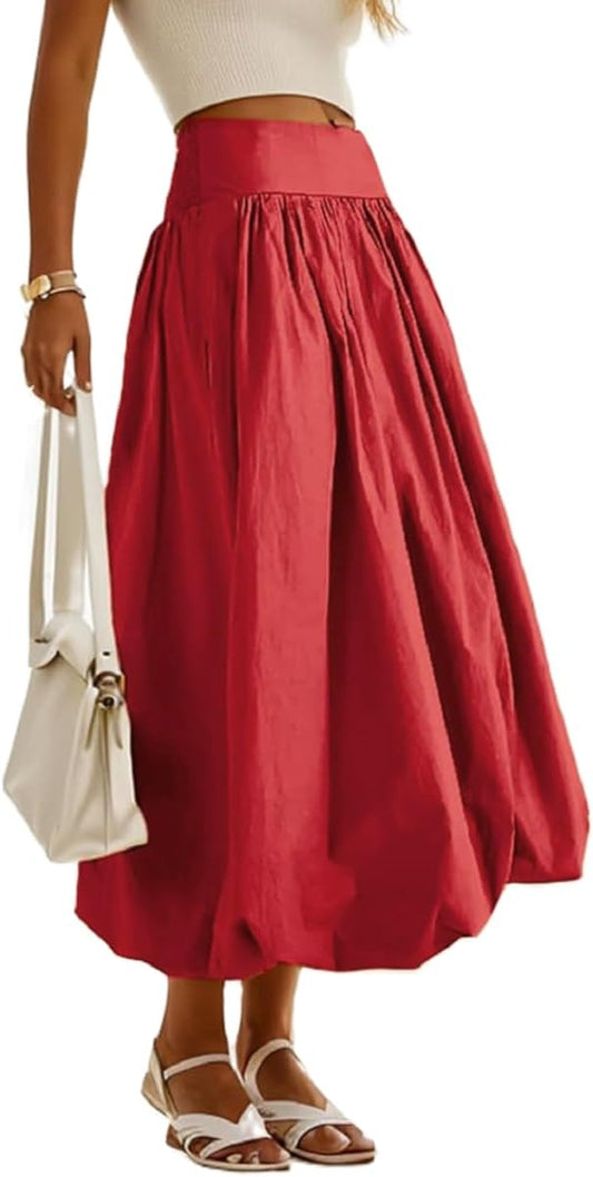 NUFIWI Women Y2k Bubble Maxi Skirt Low Elastic Waist A Line Long Skirt Summer Casual Ruffle Pleated Midi Dress