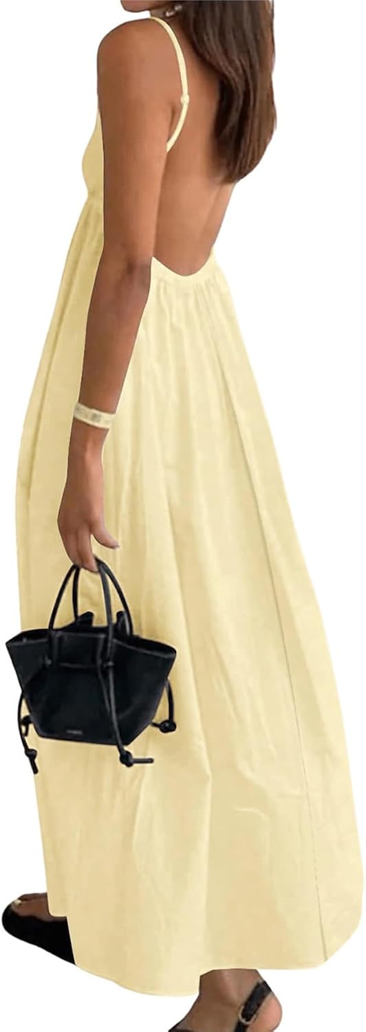 Women's Dress V Neck Backless Spaghetti Strap Maxi Flowy Sundress | Summer Vacation Casual Long Beach Boho Dresses