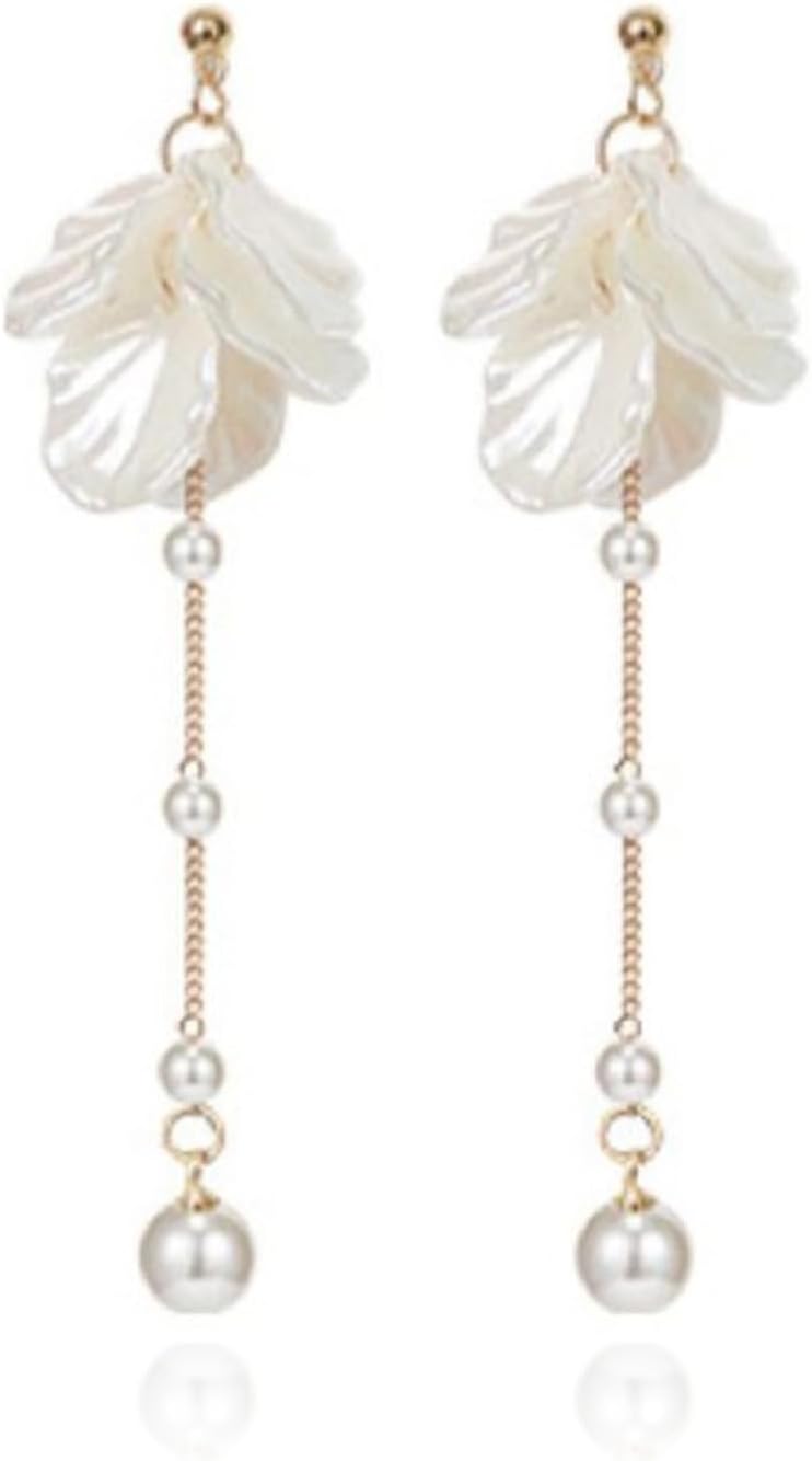 white shell earrings petal drop for women boho resort flower statement summer beach vacation dress outfit costume jewelry birthday gifts