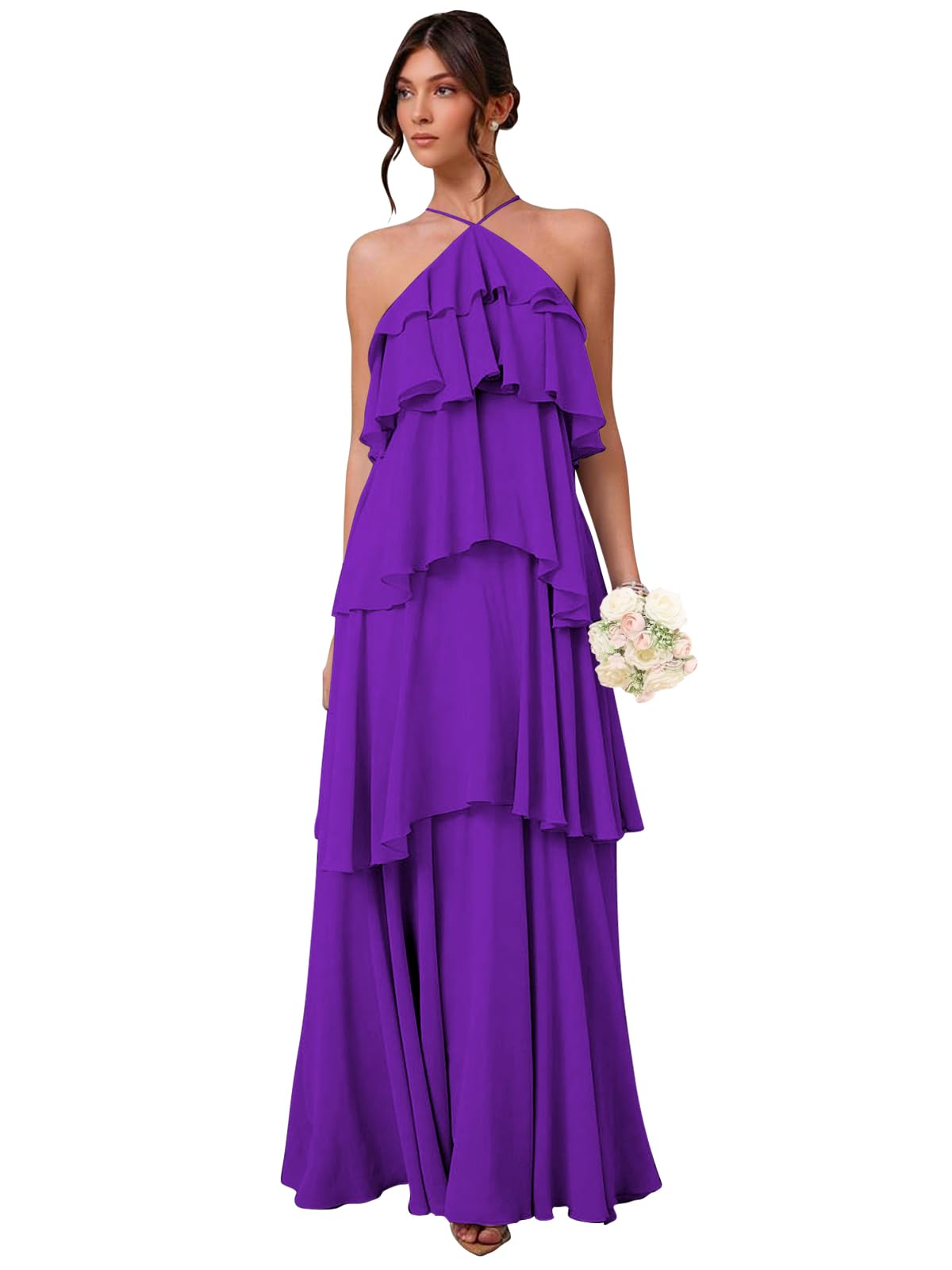 Chiffon Halter Bridesmaid Dresses for Women A Line Tiered Ruffle Long Formal Evening Gown
