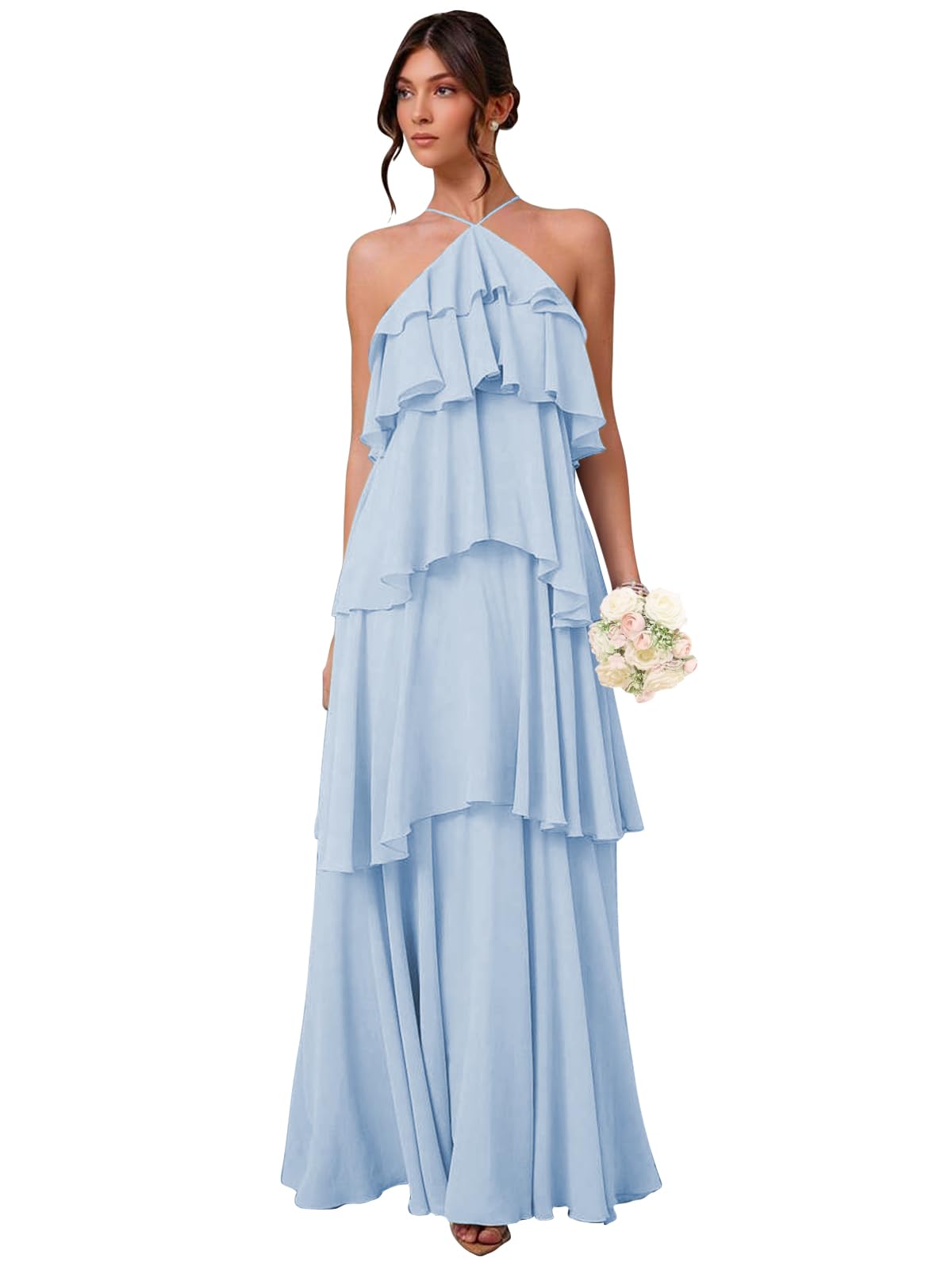 Chiffon Halter Bridesmaid Dresses for Women A Line Tiered Ruffle Long Formal Evening Gown