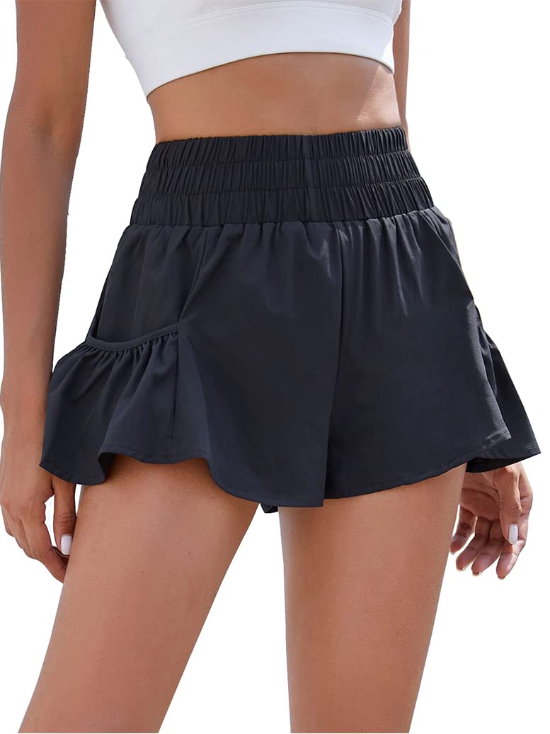 BMJL Womens Athletic Running Shorts 2.5" Flowy High Waisted Ruffle Shorts | workout,gym,two side pockets,elastic high waisted,quick dry fabric,built in liner,solid,gingham,leopard,striped shorts