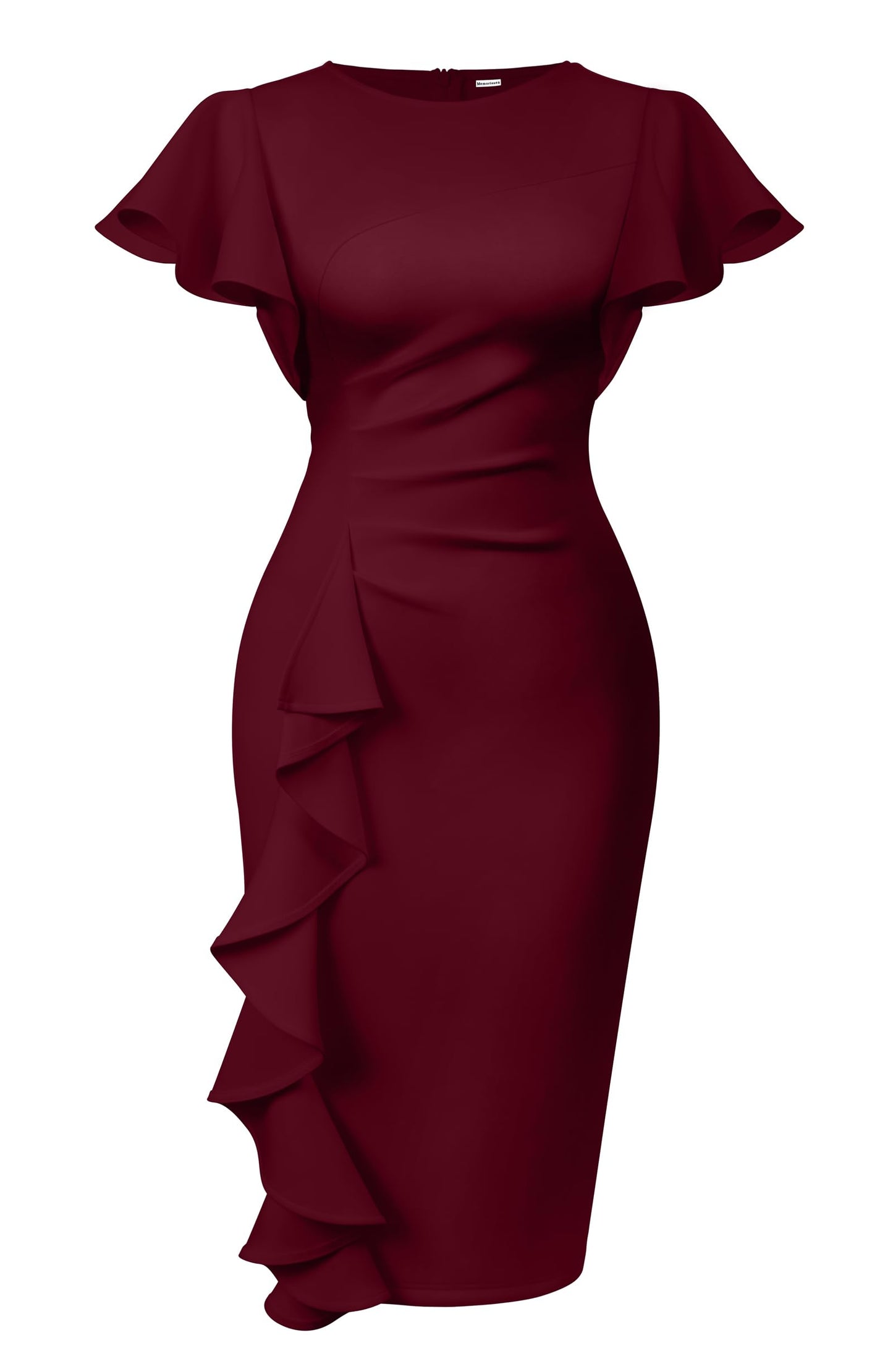 Memoriesea Women's Church Ruffle Sleeve Ruched Work Midi Dress | Back Zipper,Ruched Waist,Knee Length,Classic Sheath Outfits for Office Business Graduation Teacher Formal Cocktail Travel