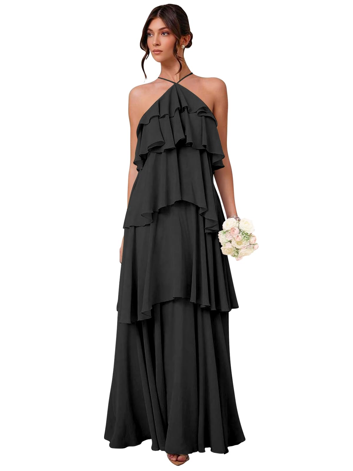 Chiffon Halter Bridesmaid Dresses for Women A Line Tiered Ruffle Long Formal Evening Gown