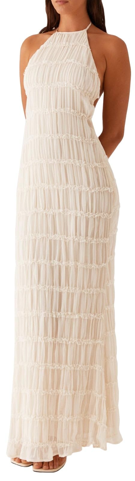 Women Halter Flowy Vacation Long Dress Sexy Sheer Ruched Backless Dress Y2k Sleeveless Beach Tiered Maxi Sundresses