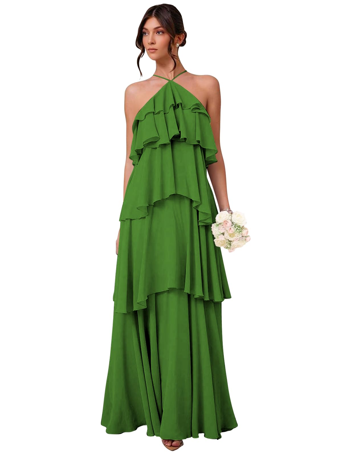 Chiffon Halter Bridesmaid Dresses for Women A Line Tiered Ruffle Long Formal Evening Gown