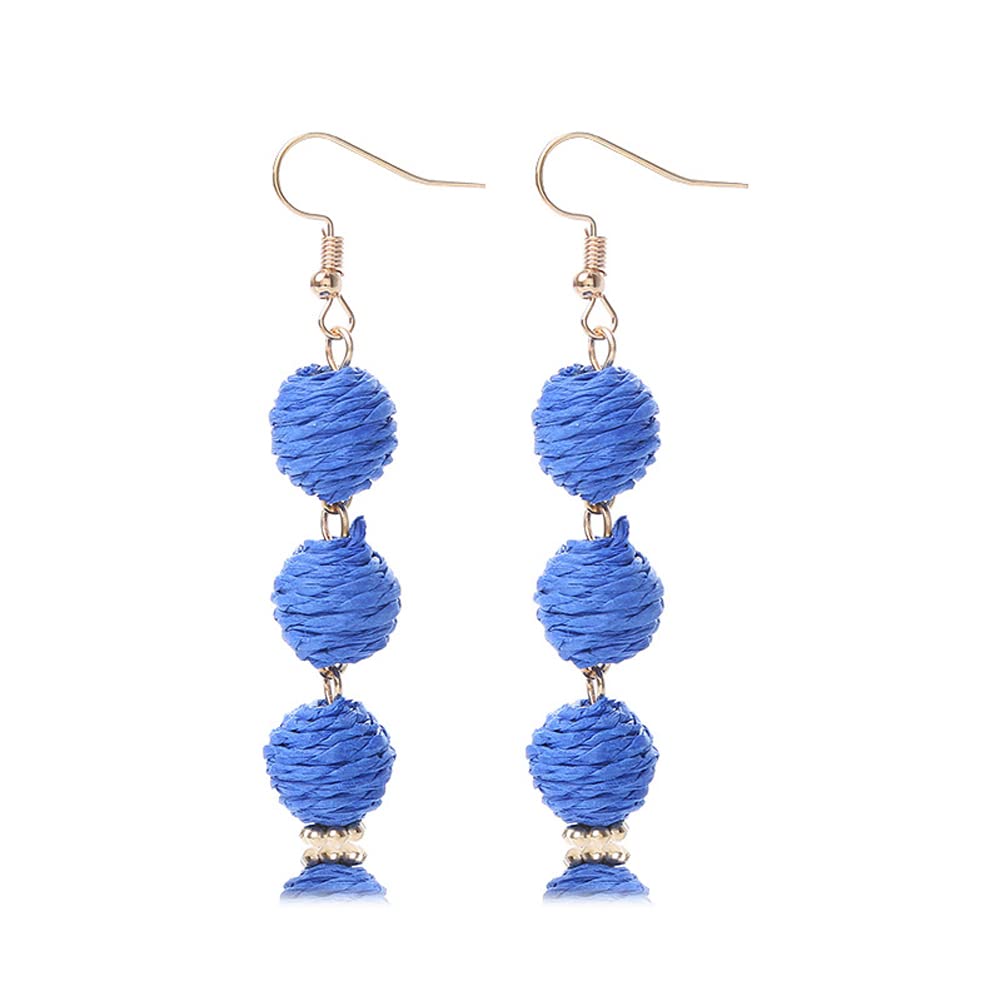 Lightweight Boho Thread Raffia Earrings for Women Handmade Braided Straw Wicker Lantern Ball Earrings Summer Beach Bohemian Geometric Earrings Holiday