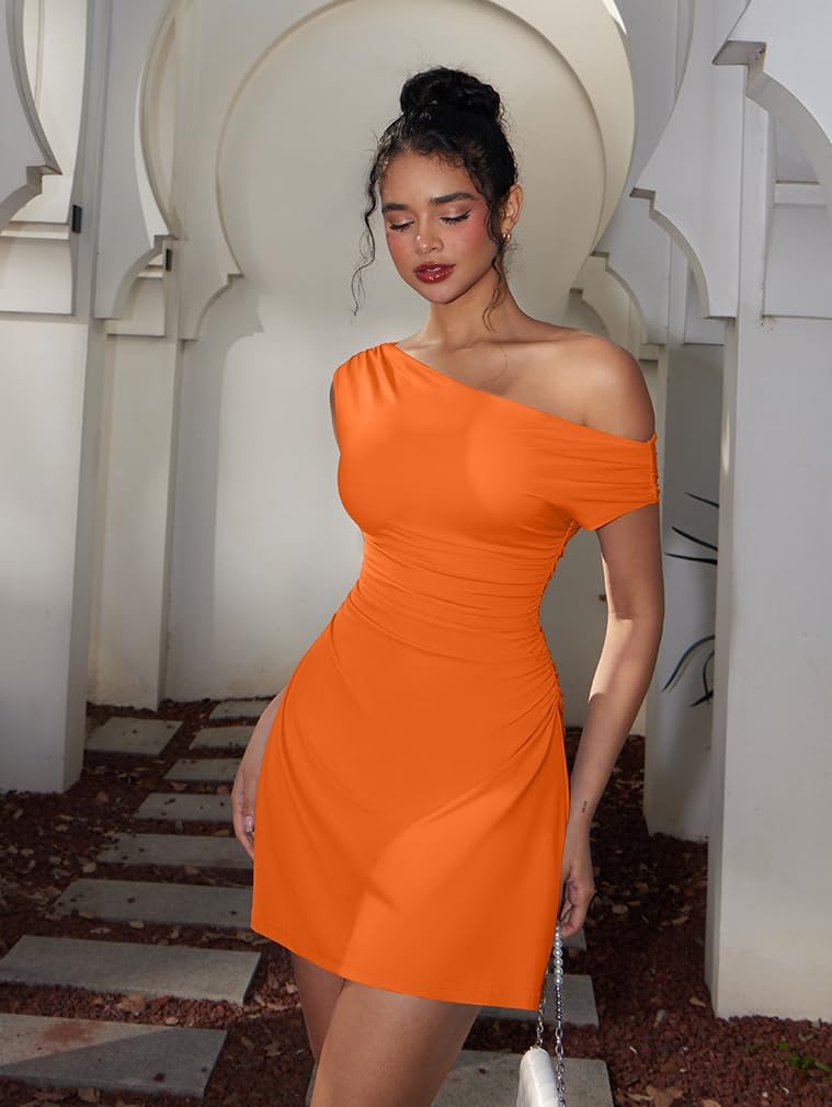 LAGSHIAN Womens Off Shoulder Sleeveless Ruched Flare Mini Dress | Sexy,Summer,Slim Fit,Stretch,Trendy,Double Layer,A-line,Cocktail Party,Club,Night Out,Date,Asymmetrical Shoulder
