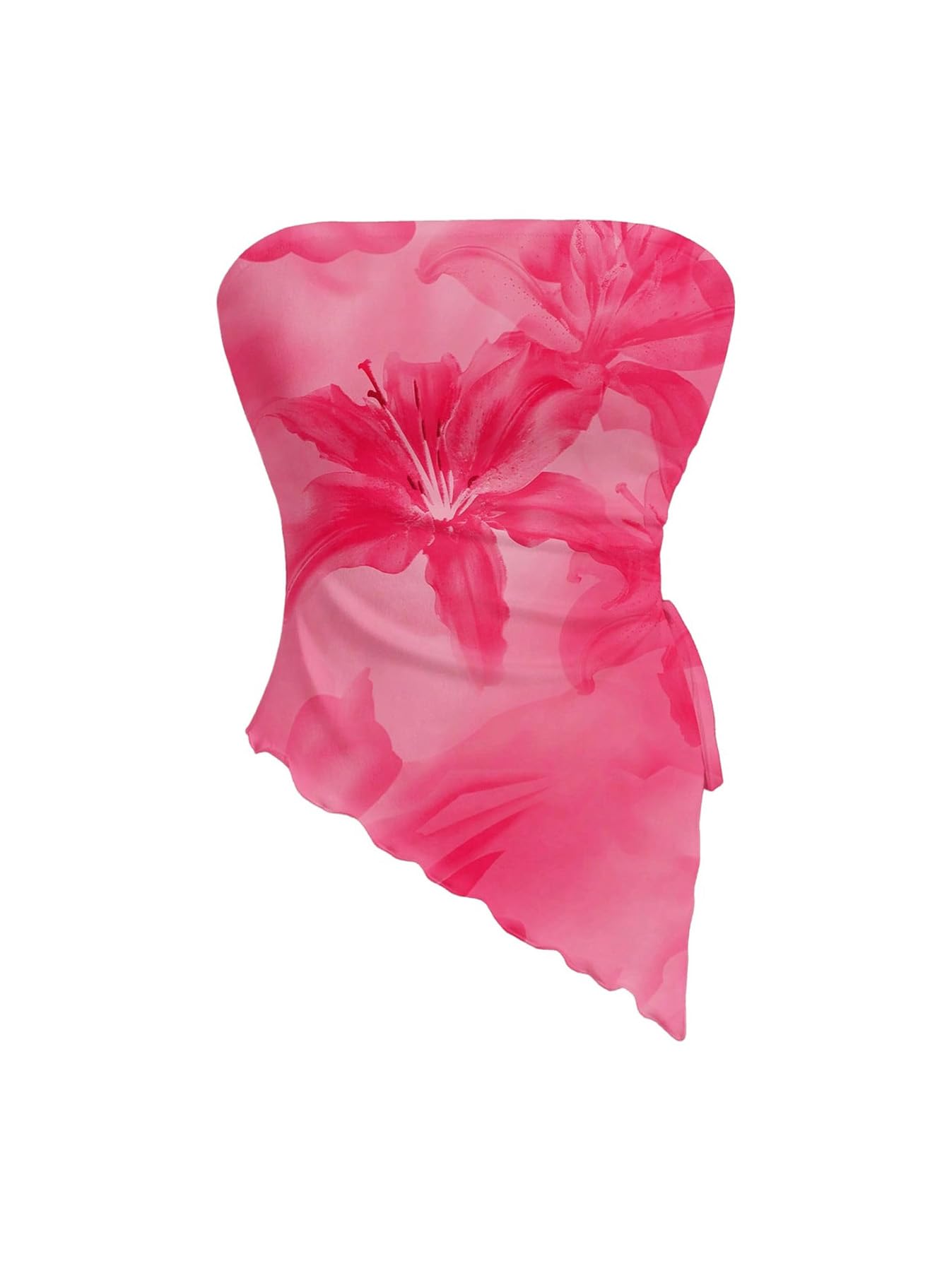 WDIRARA Women's Floral Strapless Side Ruched Asymmetrical Hem Tube Top | Y2k Floral, Strapless, Asymmetrical Hem, Side Ruched, Bandeau Crop Top