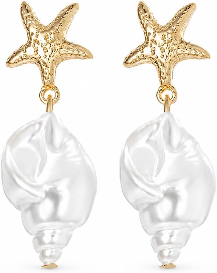Starfish Earrings for Women Vacation Earrings Gold Pearl Sea Shell Dangle Beach Summer Ocean Jewelry Gifts Coastal Style