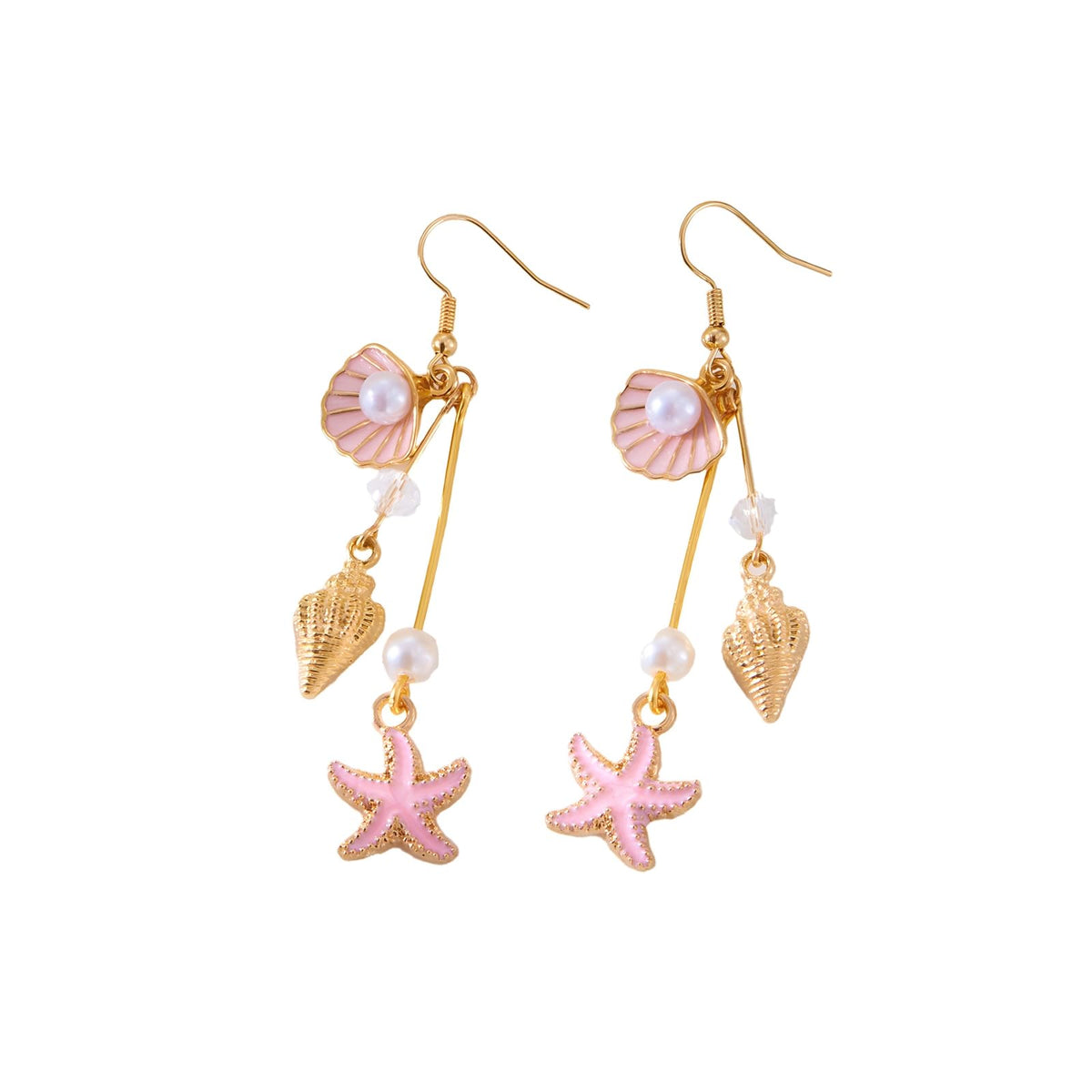 Beach Gold Seashell Shell Starfish Drop Dangly Earrings for Women Stylish | Boho Sea Shell Conch Pearl Enamel Star Dangling Beachy Earring, Beach Jewelry Vacation Holiday Accessories for Women Trendy