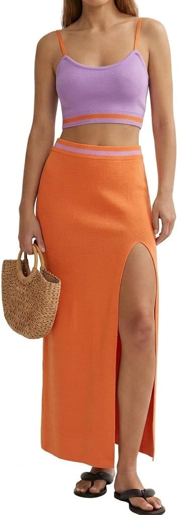 Skirt Sets Women 2 Piece Outfits Dressy Summer Knit Cami Top High Slit Skirt Set for Vacation Brunch and Going Out