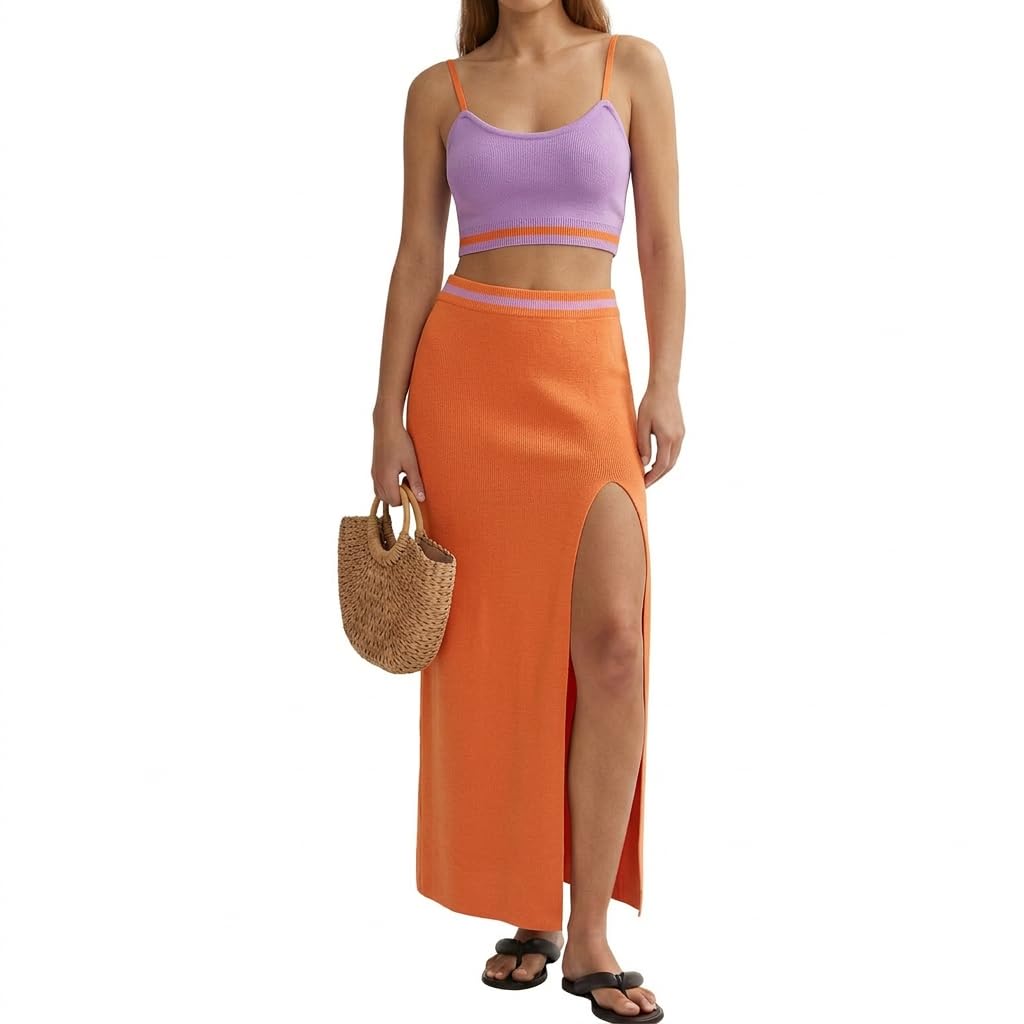 Skirt Sets Women 2 Piece Outfits Dressy Summer Knit Cami Top High Slit Skirt Set for Vacation Brunch and Going Out