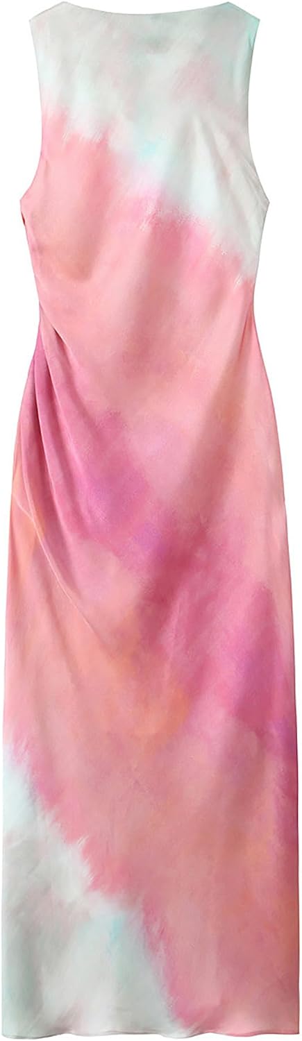 BAIMORE Women's Elegant Cowl Neck Tie Dye Sleeveless Ruched Side Party Midi Dress