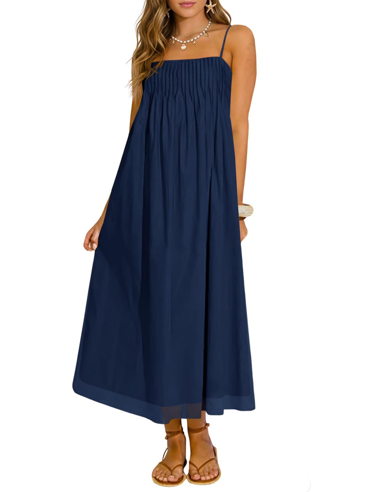 Wenrine Women's Summer Boho Maxi Dresses Spaghetti Straps Chiffon Sundress | Beach Vacation, Flowy, Linen, Casual, Loose, Pleated, Sleeveless, Midi Long Dress with Pockets
