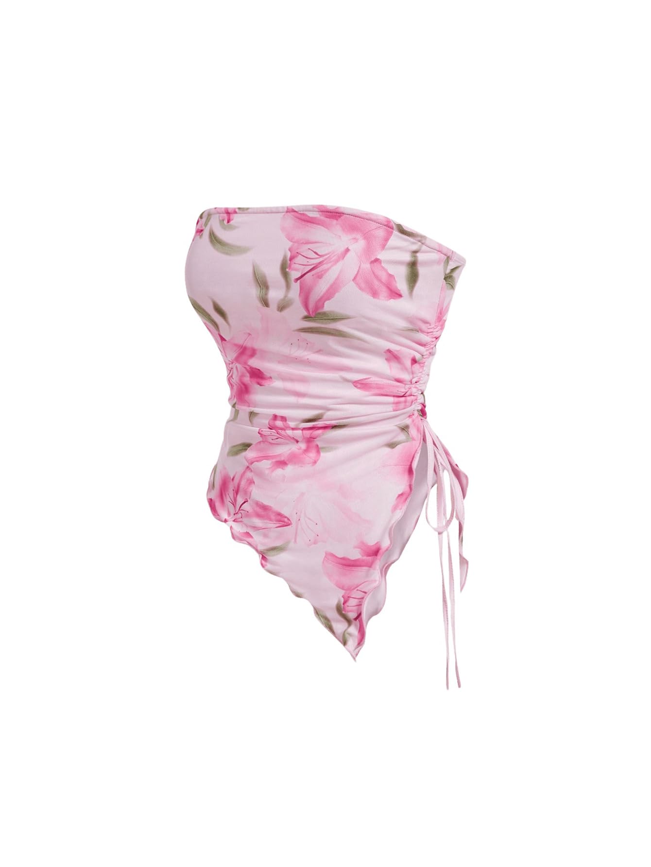 WDIRARA Women's Floral Strapless Side Ruched Asymmetrical Hem Tube Top | Y2k Floral, Strapless, Asymmetrical Hem, Side Ruched, Bandeau Crop Top