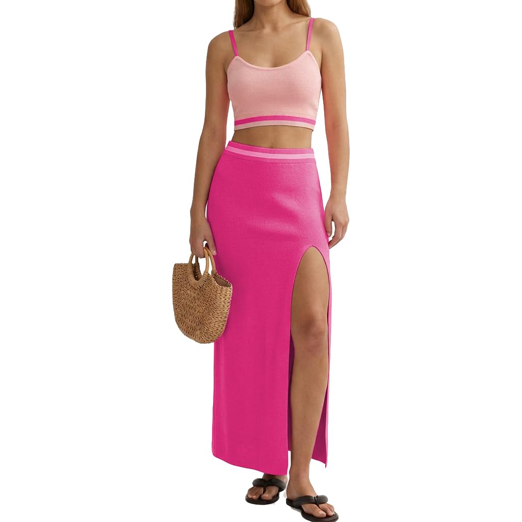 Skirt Sets Women 2 Piece Outfits Dressy Summer Knit Cami Top High Slit Skirt Set for Vacation Brunch and Going Out