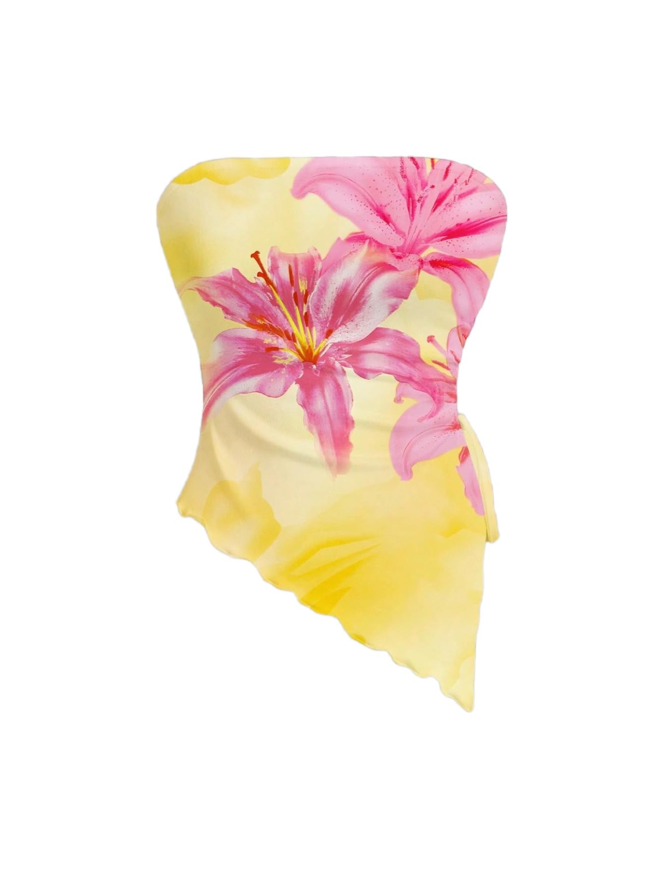 WDIRARA Women's Floral Strapless Side Ruched Asymmetrical Hem Tube Top | Y2k Floral, Strapless, Asymmetrical Hem, Side Ruched, Bandeau Crop Top